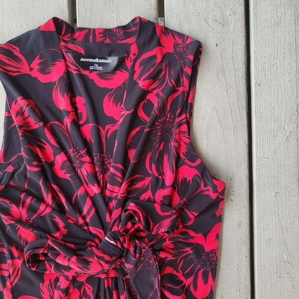 Norma Kamali‎ Red Black Floral Faux Wrap Sleeveless V-Neck Jersey Dress S… - Picture 2 of 5